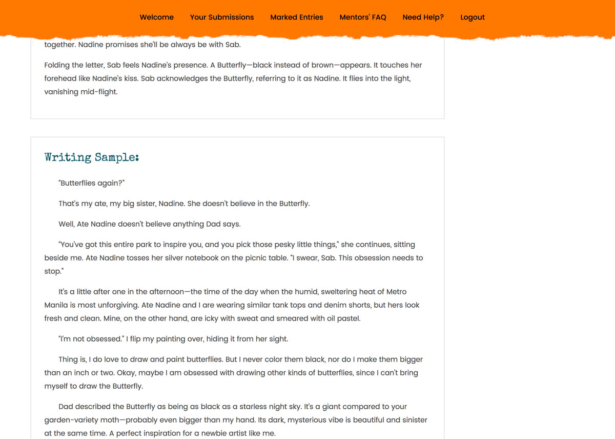 Screenshot of how Writing Sample looks like as viewed by Pitch Wars mentors
